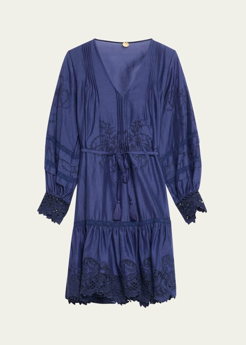 Kobi Halperin Sykora Embroidered Long-Sleeve Belted Dress