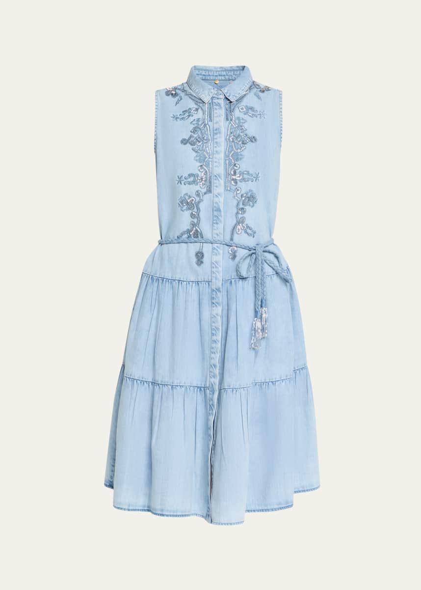 Kobi Halperin Glori Tiered Embroidered Denim Midi Dress