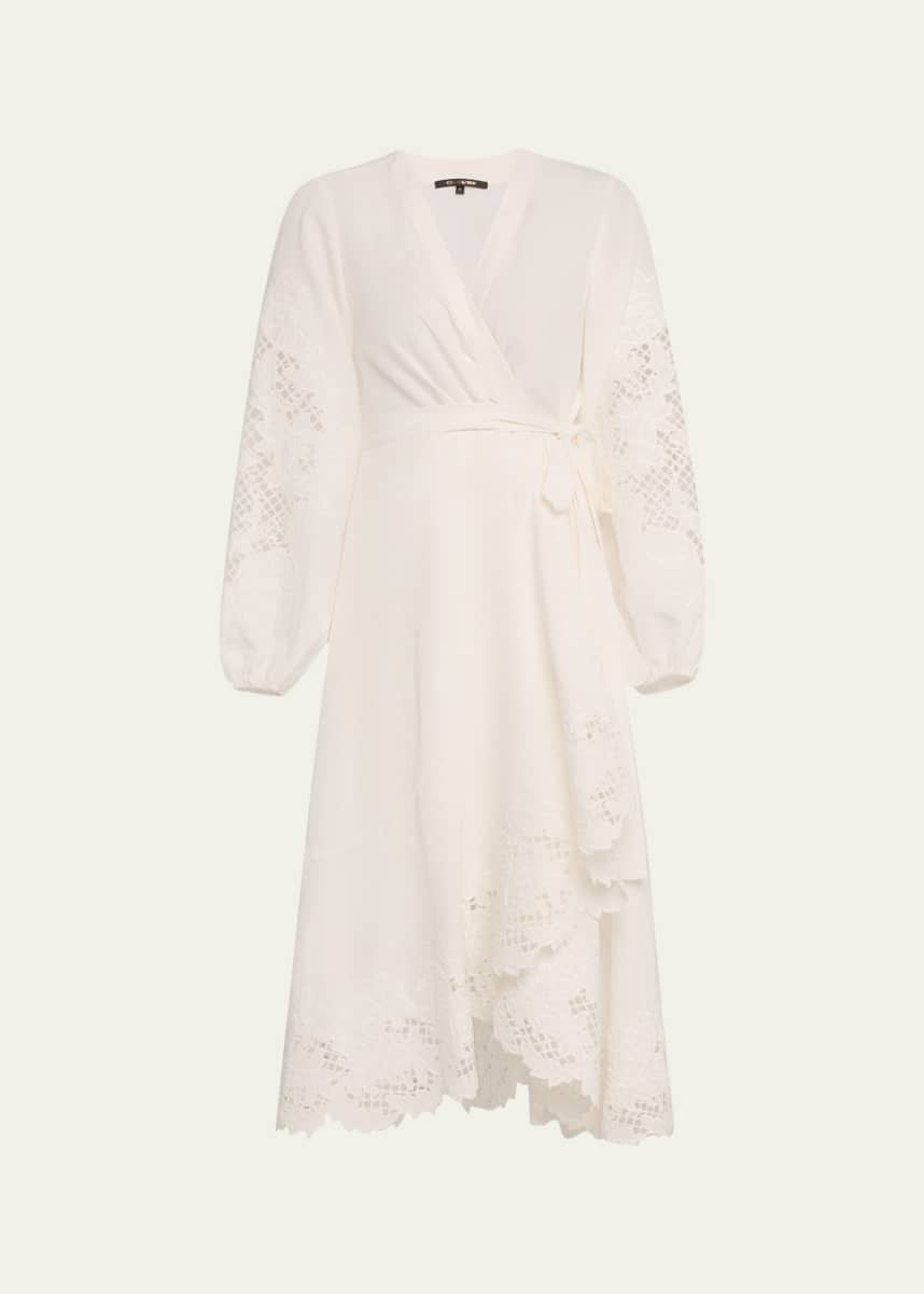 Kobi Halperin Sigal Embroidered Lace-Inset Midi Wrap Dress