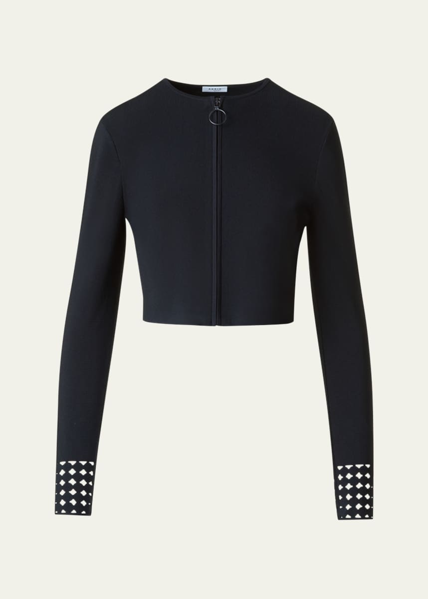 Akris punto Dot Lace-Cuff Knit Crop Zip Cardigan