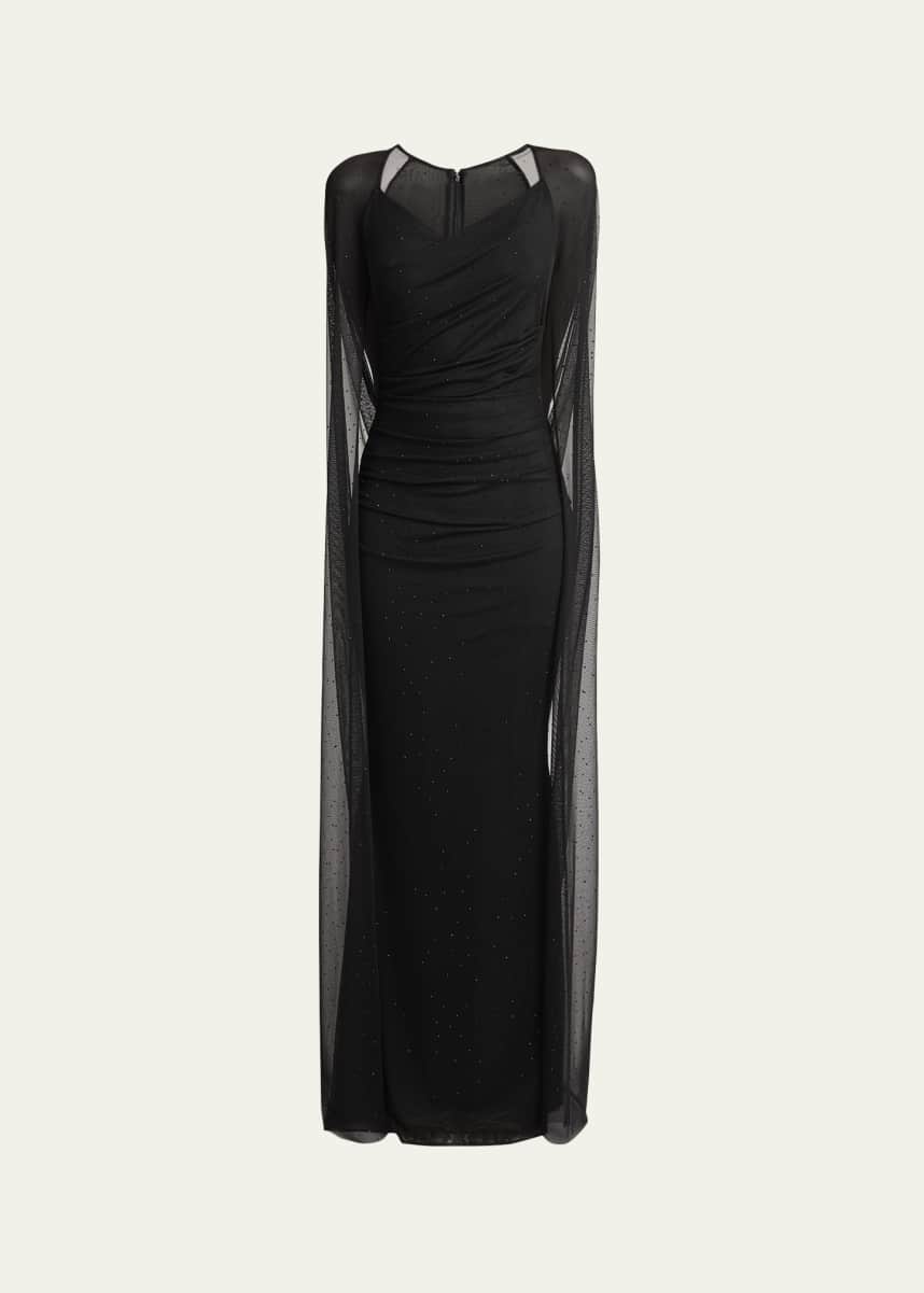 Talbot Runhof Crystal Tulle Trumpet Gown with Sheer Draped Cape