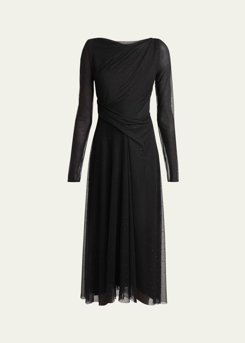 Talbot Runhof Crystal Tulle Sheer-Sleeve Midi Dress