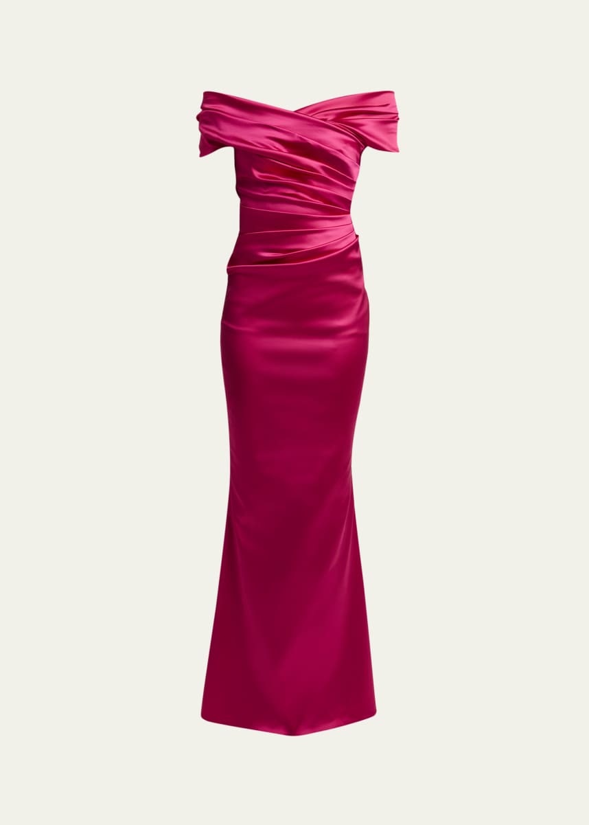 Talbot Runhof Off-Shoulder Trumpet Stretch Satin Gown