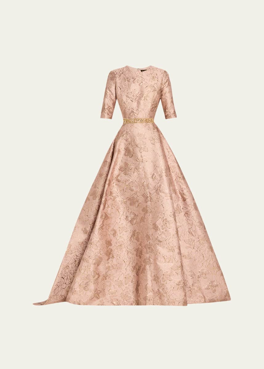 Reem Acra Floral Brocade Gown With Crystal Belt