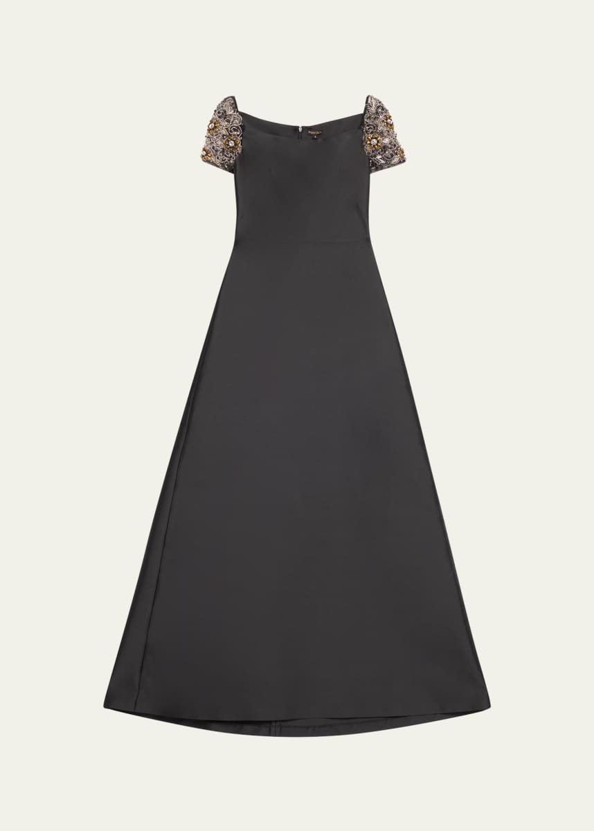 Reem Acra Mikado Soft Kaftan with Tulle Beaded Sleeves