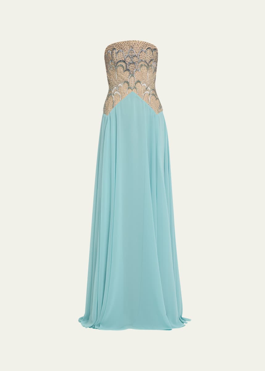 Reem Acra Strapless Embellished Bodice Chiffon Gown