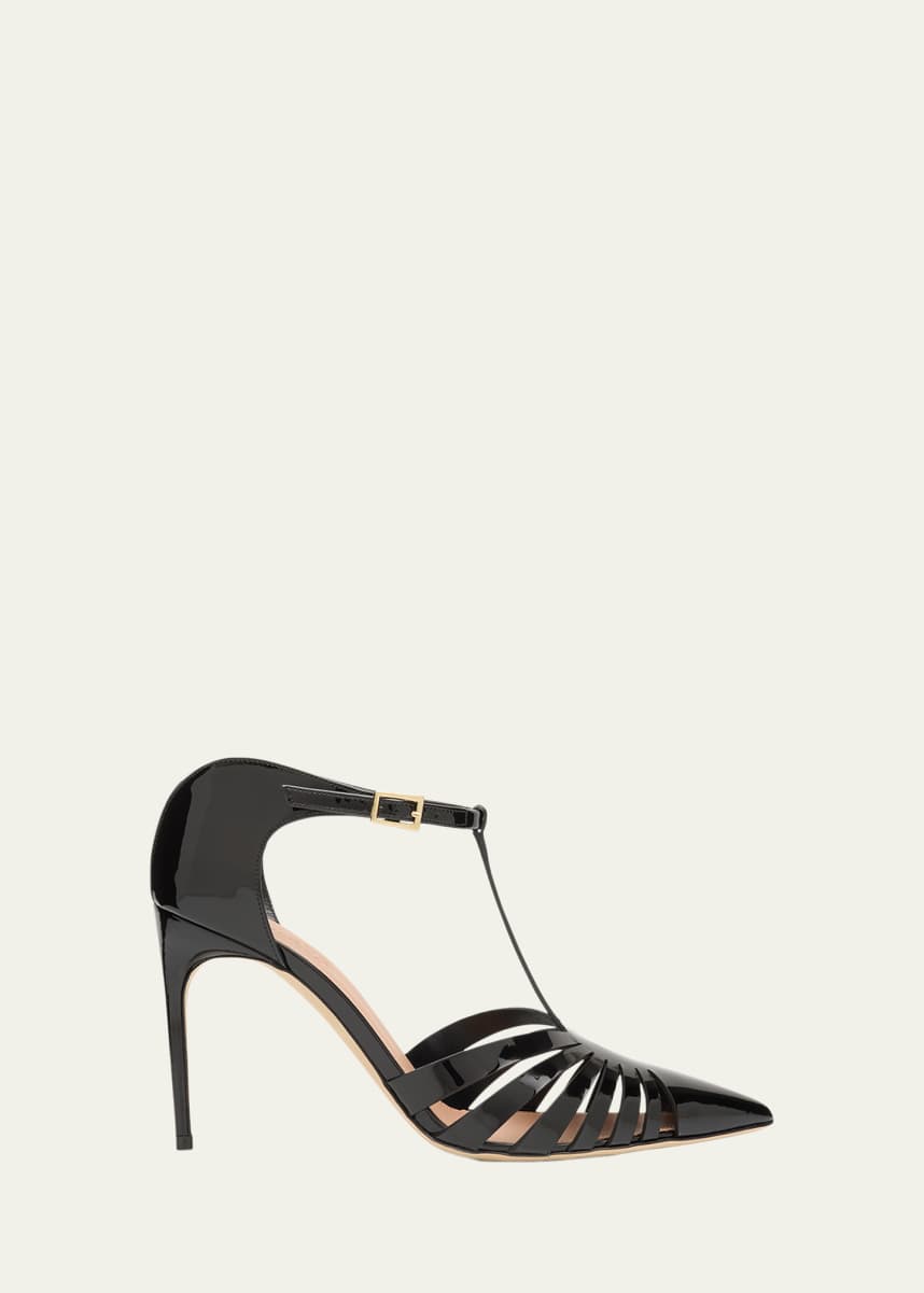 Malone Souliers Jennifer Caged Patent Leather T-Strap Pumps