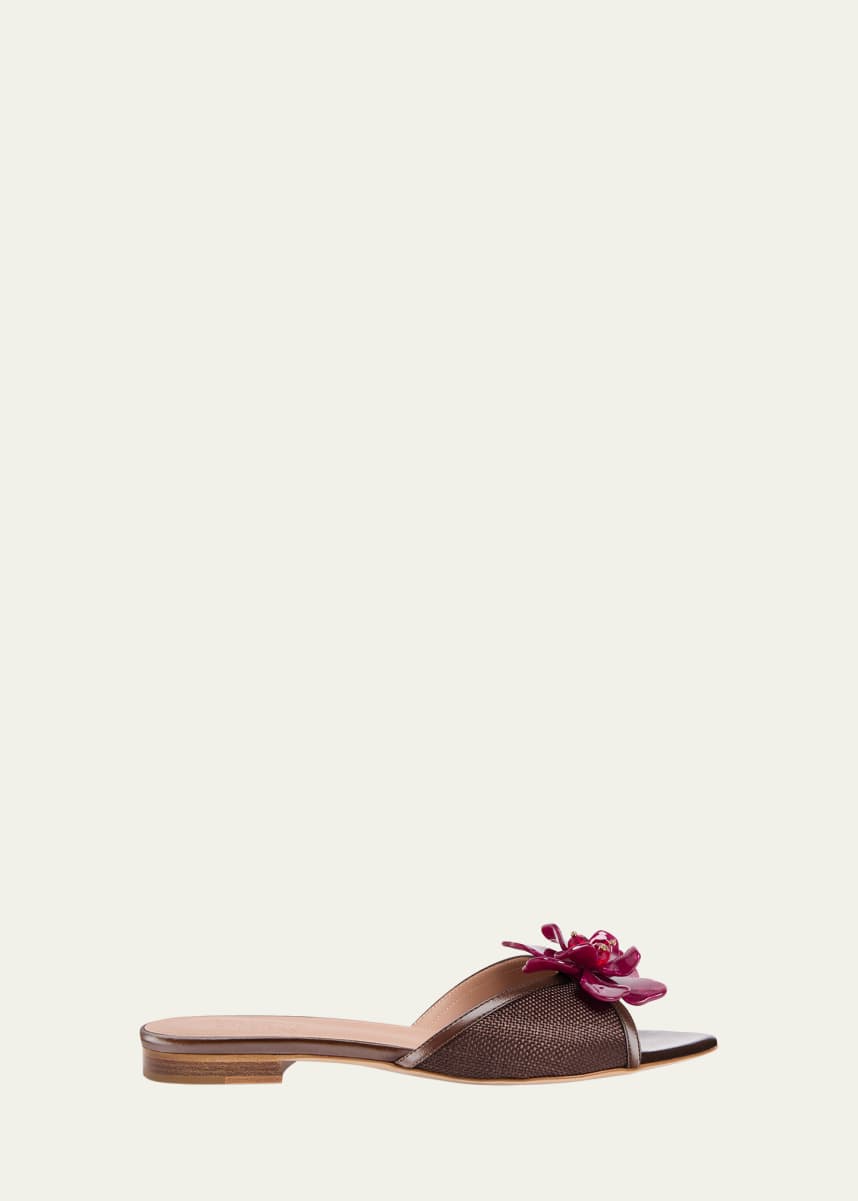 Malone Souliers Crystal Flower Raffia Leather Mule Sandals