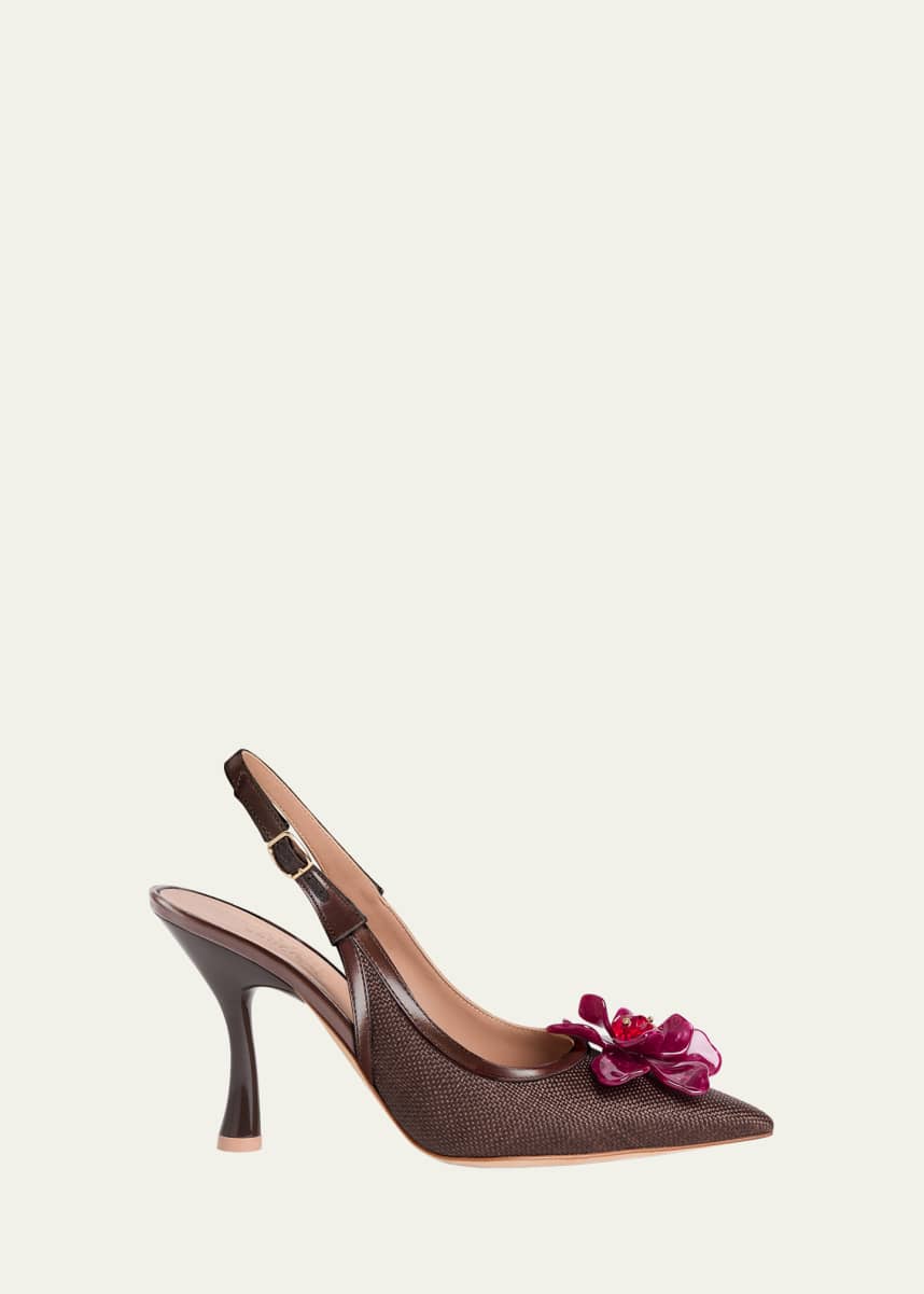 Malone Souliers Chrissy Flower Raffia Leather Slingback Pumps