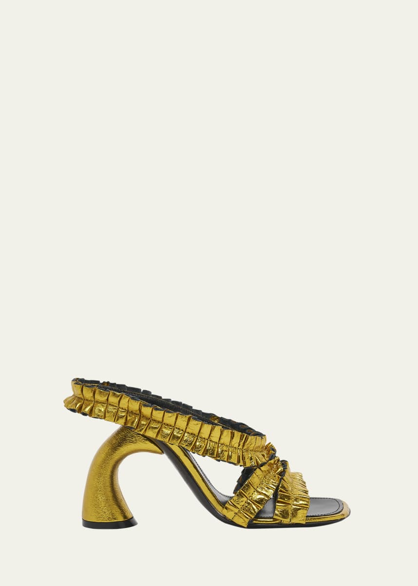 Dries Van Noten Curved-Heel Ruffled Metallic Leather Sandals