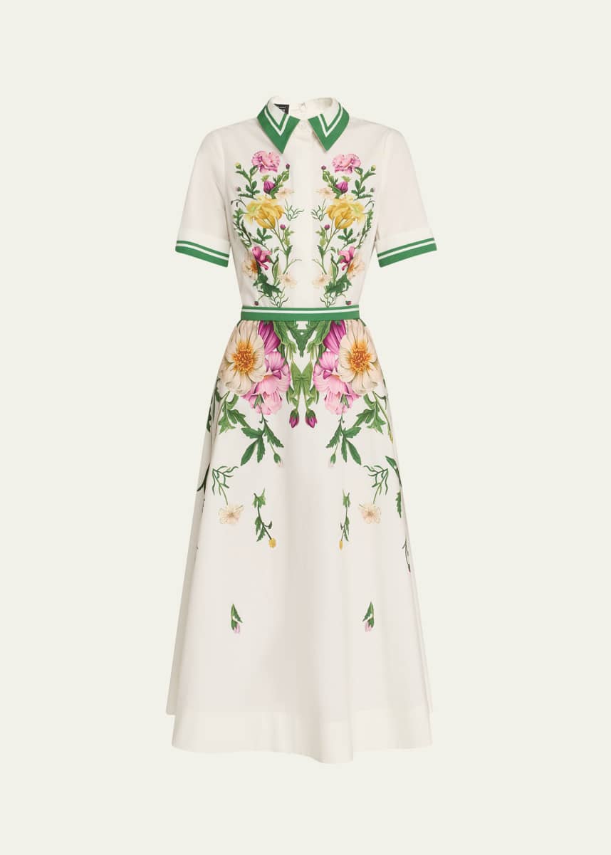 Rickie Freeman for Teri Jon Belted Floral-Print Cotton Midi Shirtdress