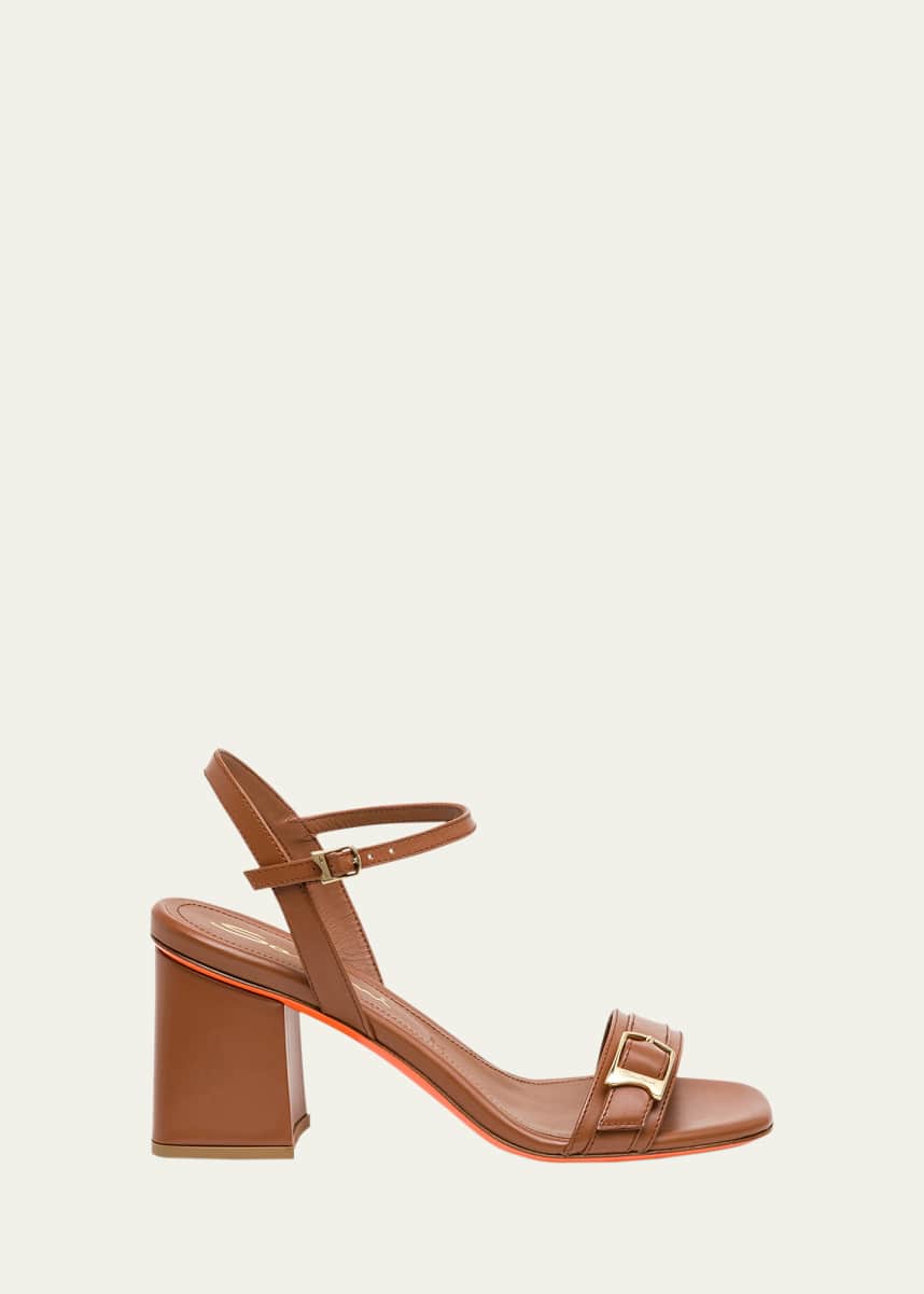 Santoni Calyso Leather Buckle Block-Heel Sandals