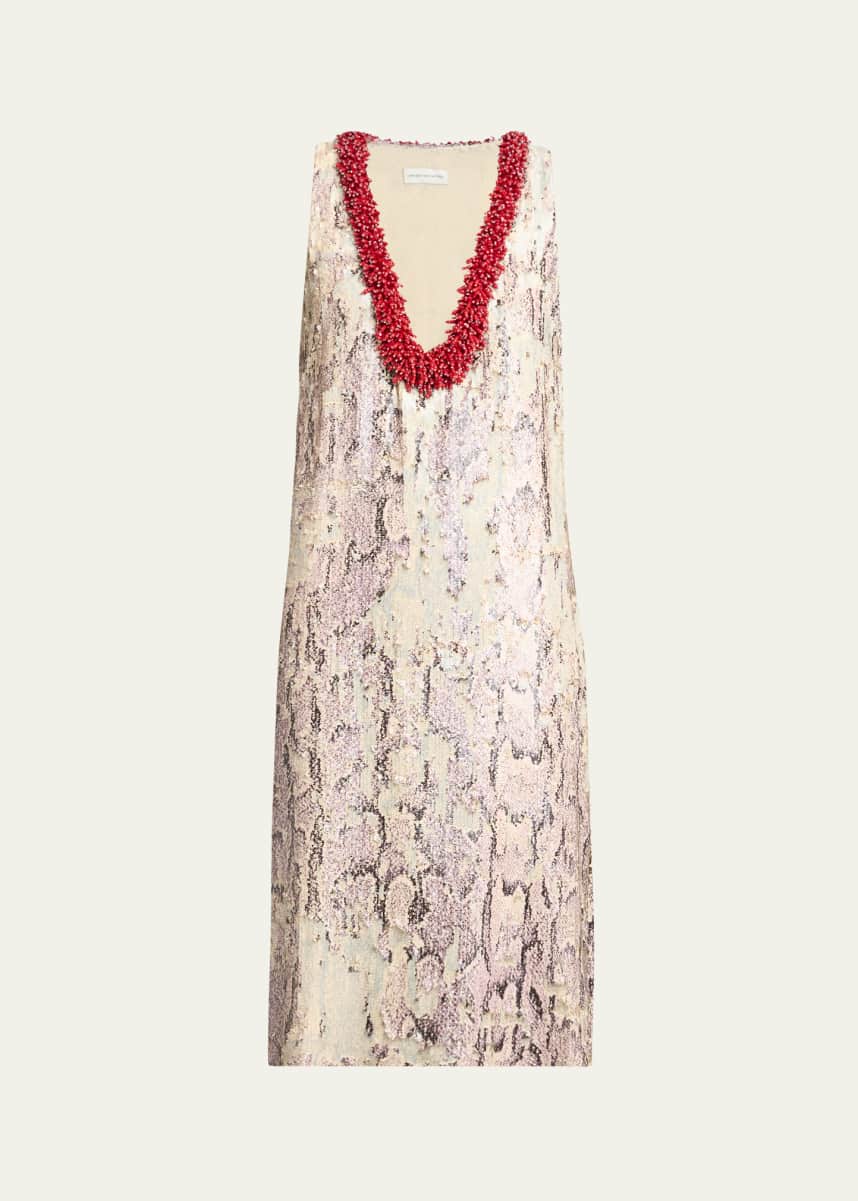 Dries Van Noten Debis Plunging Snakeskin-Print Sequined Dress