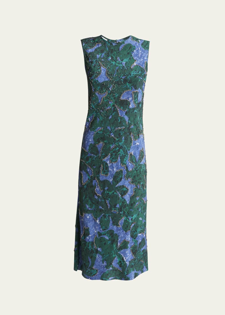 Dries Van Noten Depal Studded Midi Printed Sheath Silk Dress
