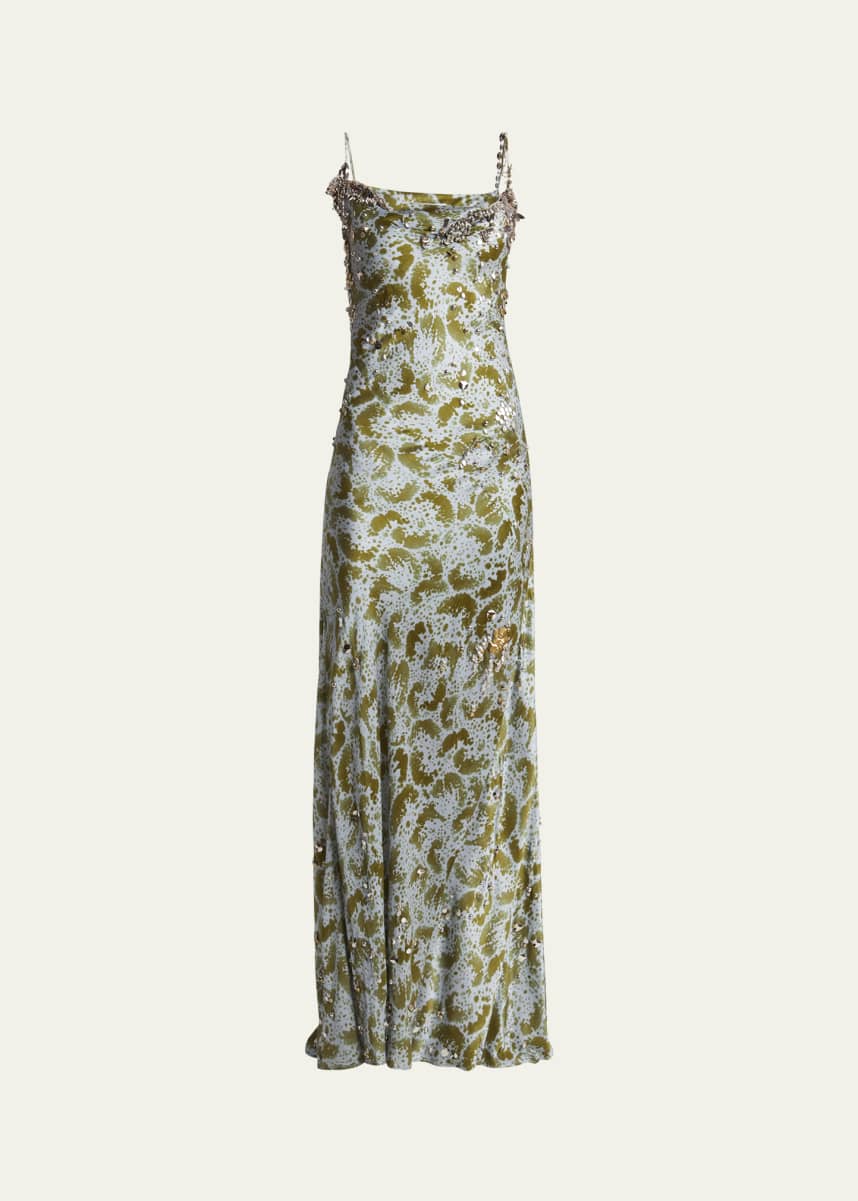 Dries Van Noten Deryl Cowl-Neck Long Studded Silk Dress