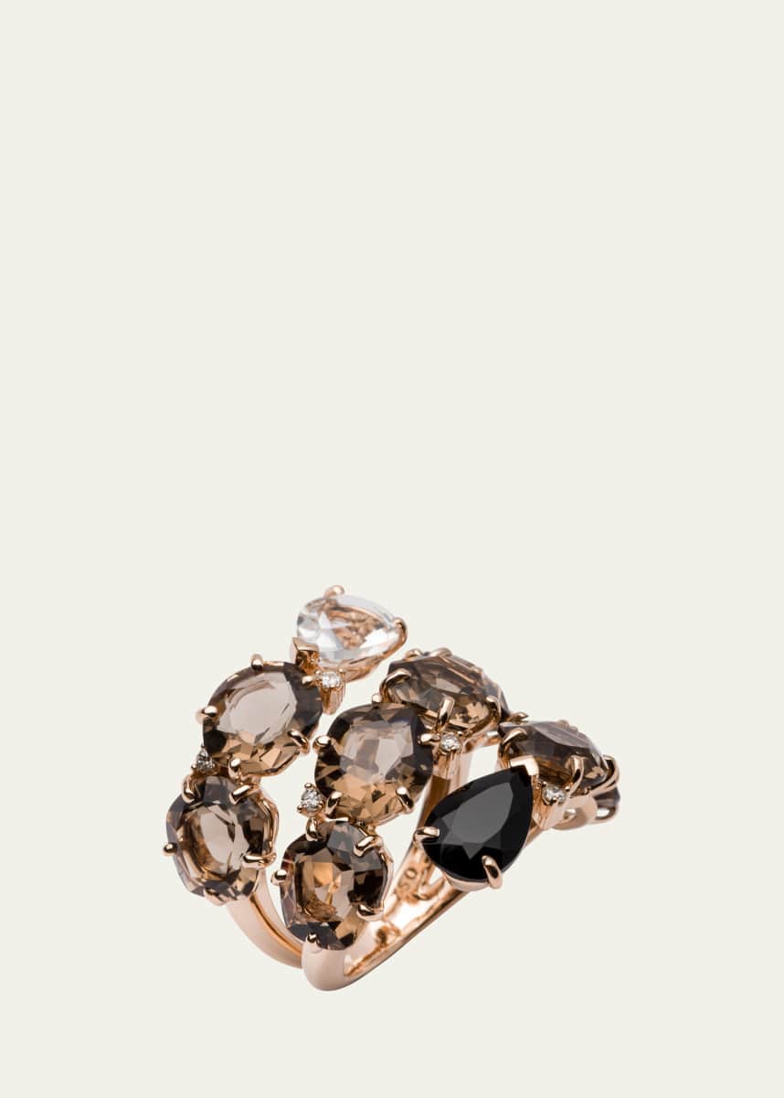 Daniella Kronfle Maya 18K Rose Gold Ring with Smokey Quartz, Rock Crystal, and Onyx