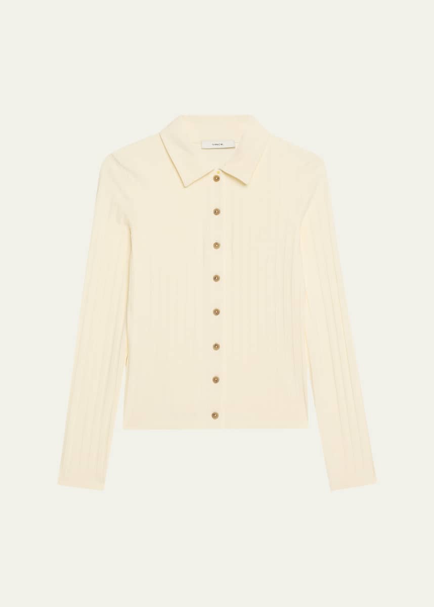 Vince Long-Sleeve Ribbed Button-Front Top