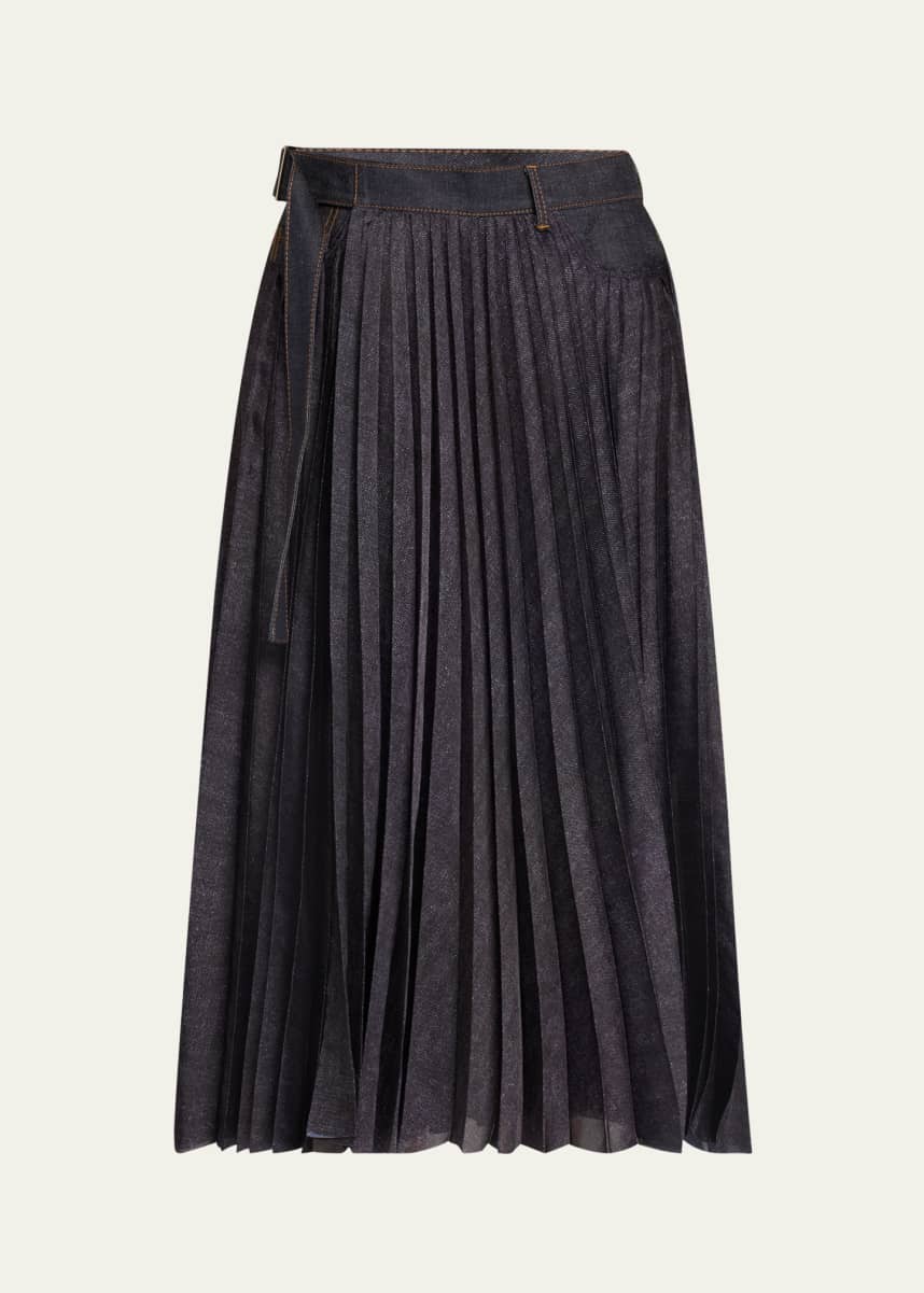 SACAI Pleated Denim Belted Midi Skirt
