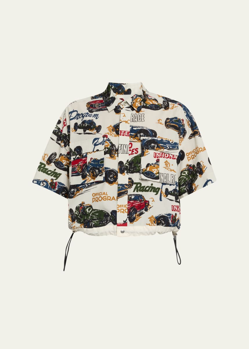 SACAI Car Print Cropped Drawcord Blouse