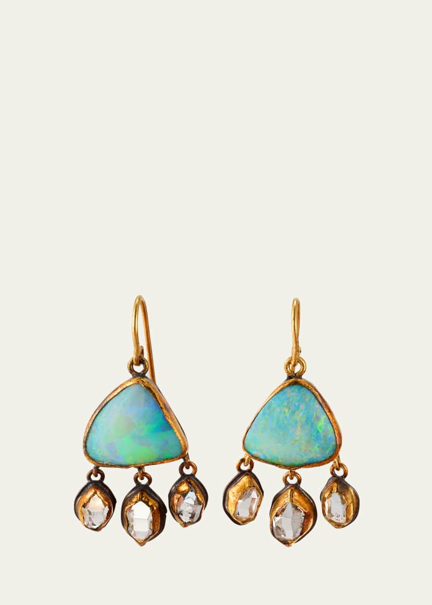 JUDY GEIB Flashy Triangular Boulder Opal and Dangling Herkimer Diamond Drop Earrings