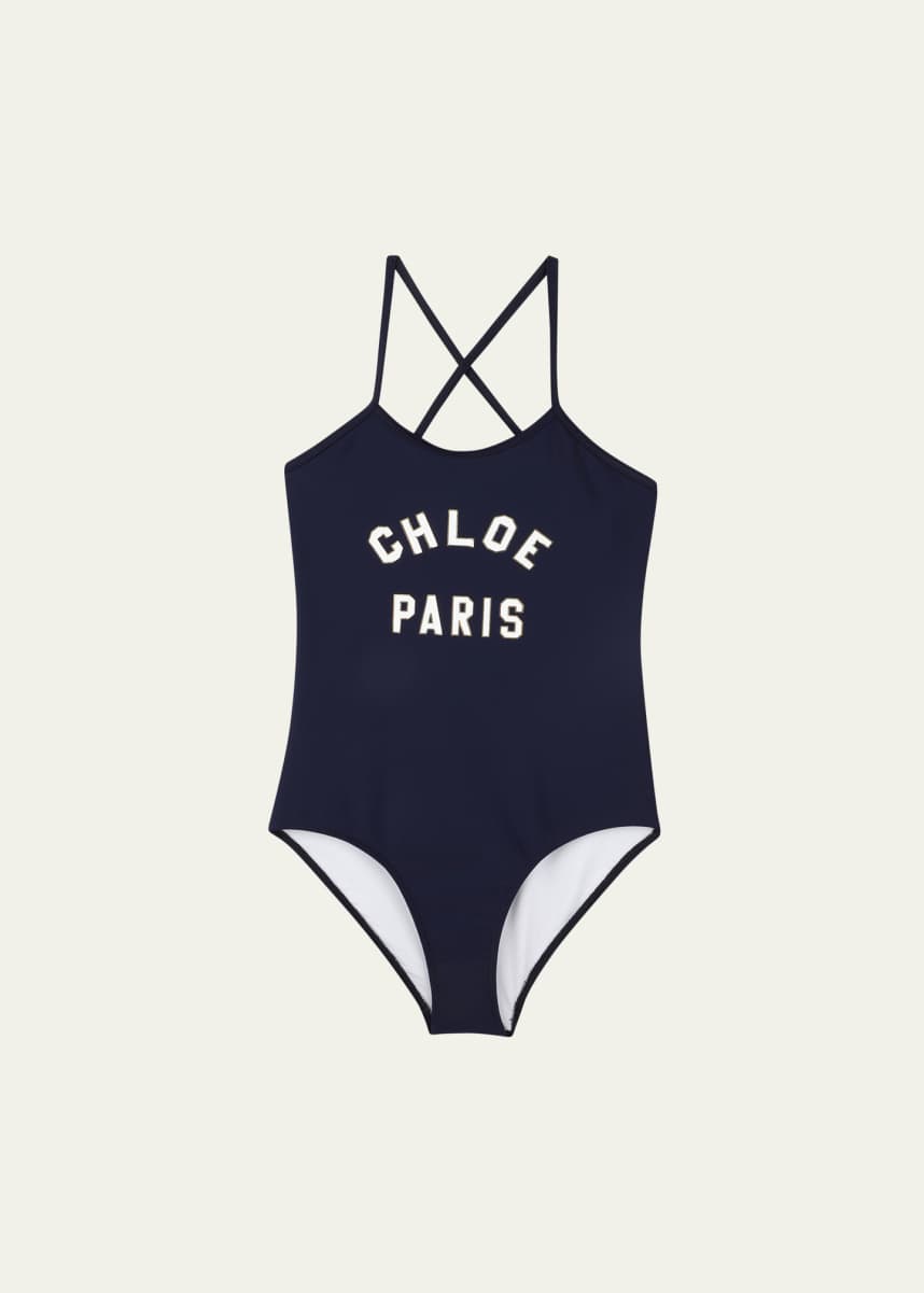 Chloe Girl's One Piece Logo-Print Swimsuit, Size 8-14