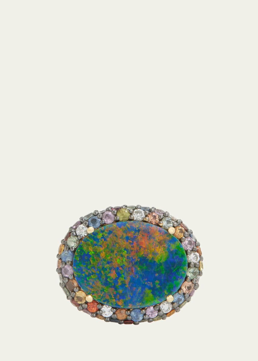 Jamie Wolf 18K Yellow Gold Opal Ring with Blackened Multi-Color Sapphires & Diamonds, Size 6