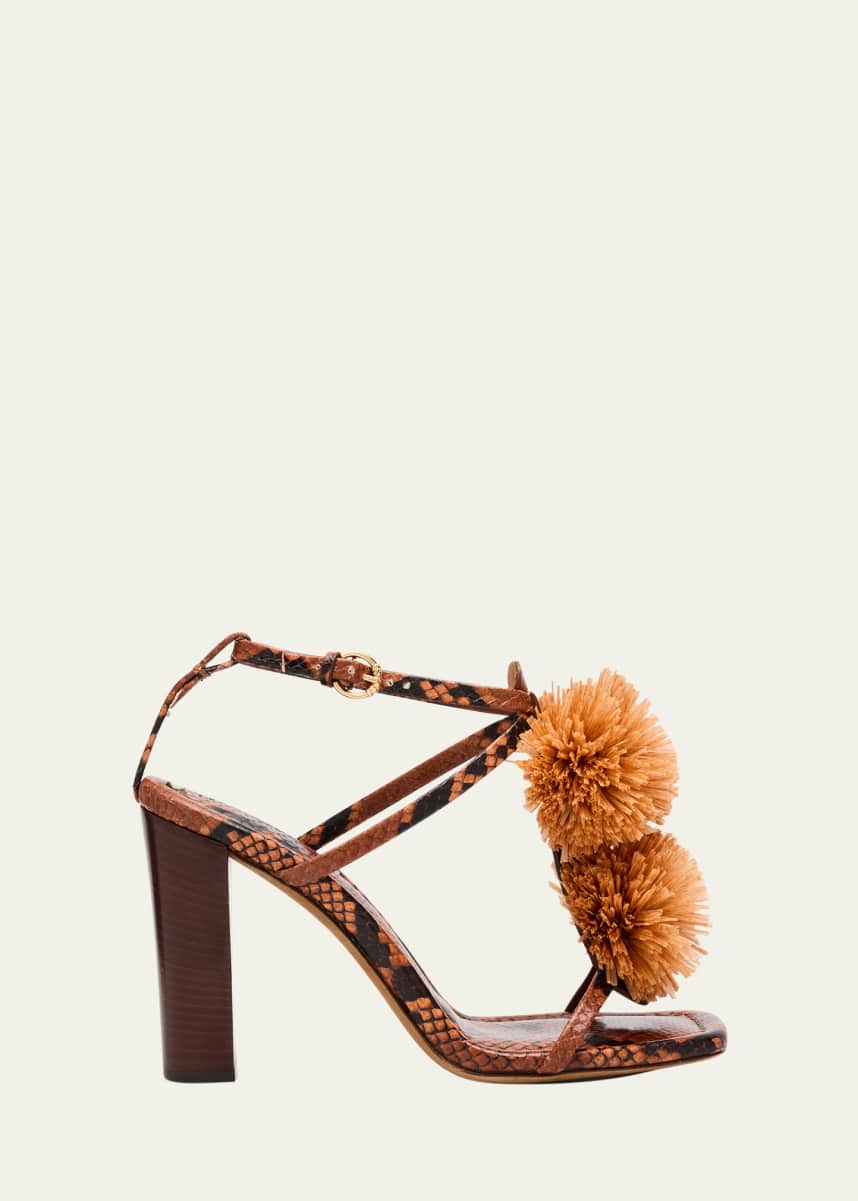 Ulla Johnson Isolde Embossed Snake Pom Pom T-Strap Sandals