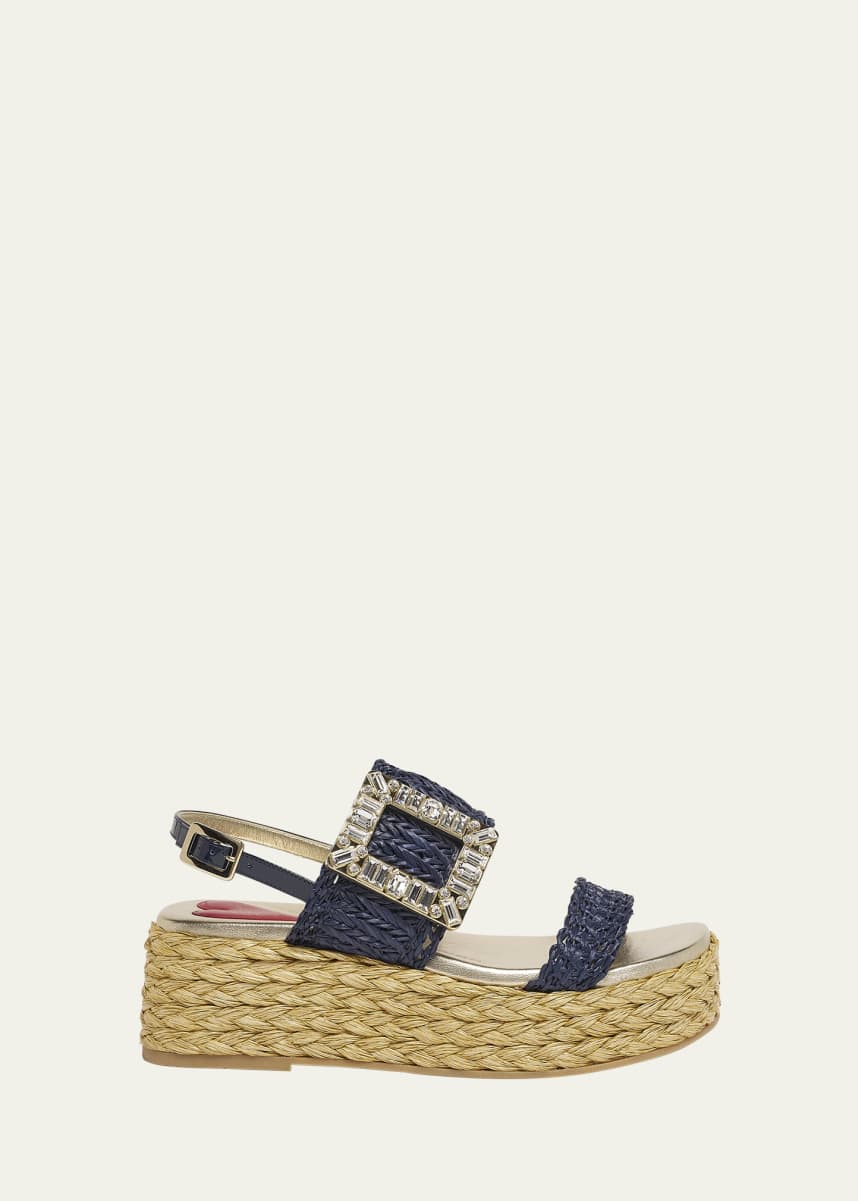 Roger Vivier Summer Strass-Buckle Raffia Platform Sandals
