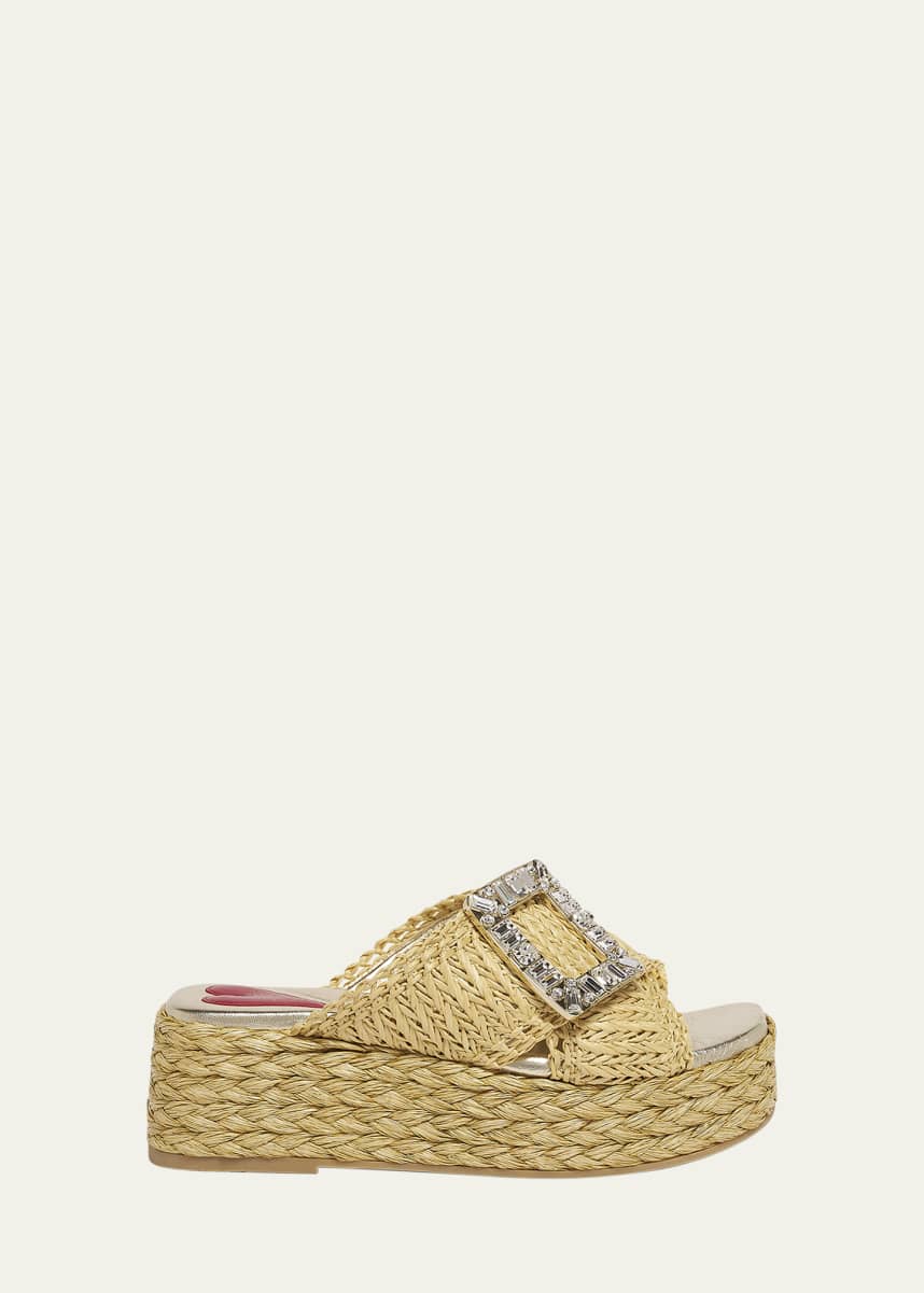 Roger Vivier Strass-Buckle Raffia Platform Sandals