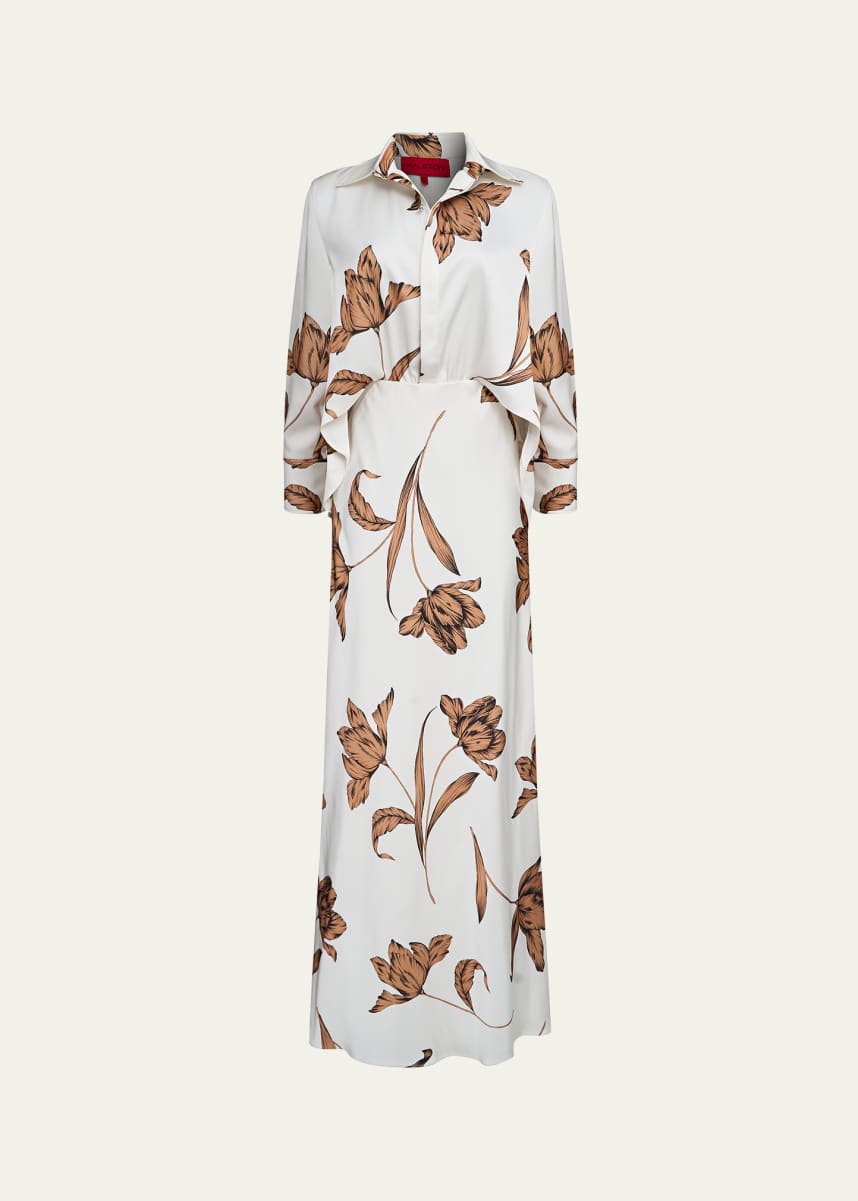 Halston Marcelle Floral-Print Satin Shirt Gown