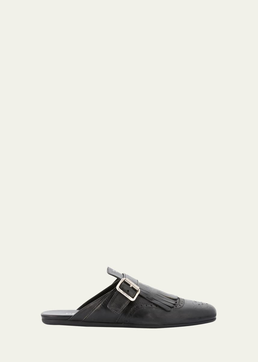 Prada Vitello Leather Fringe Shuffle Mule Loafers