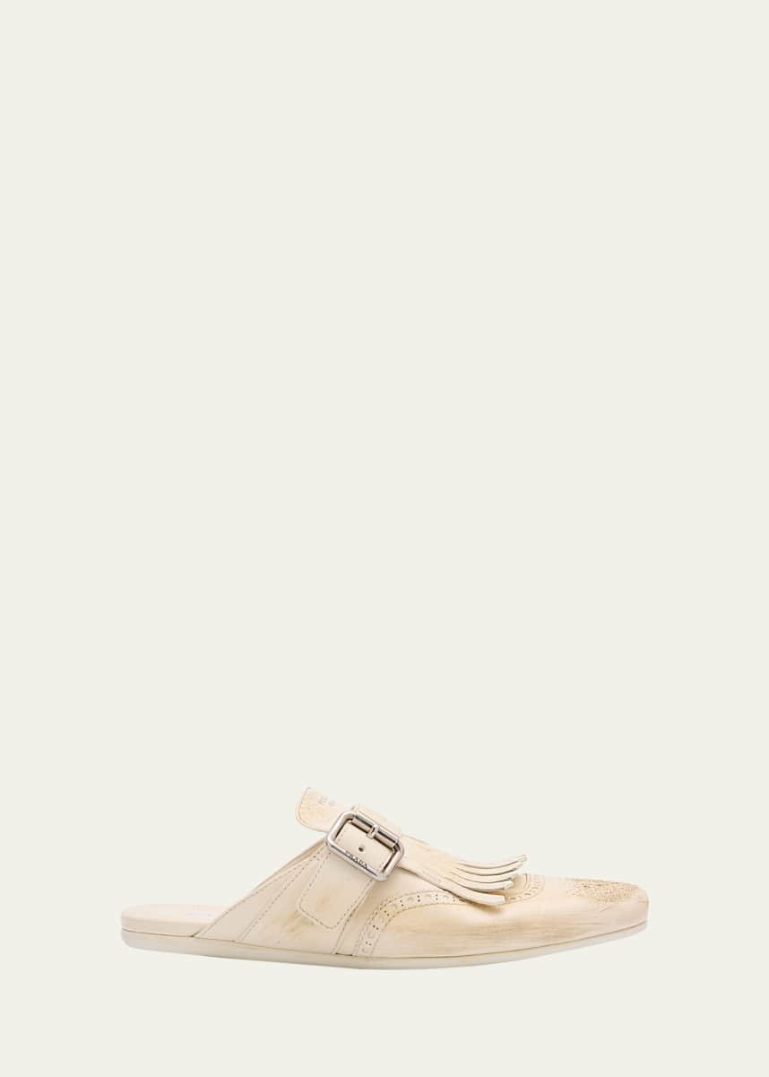 Prada Vitello Leather Fringe Shuffle Mule Loafers