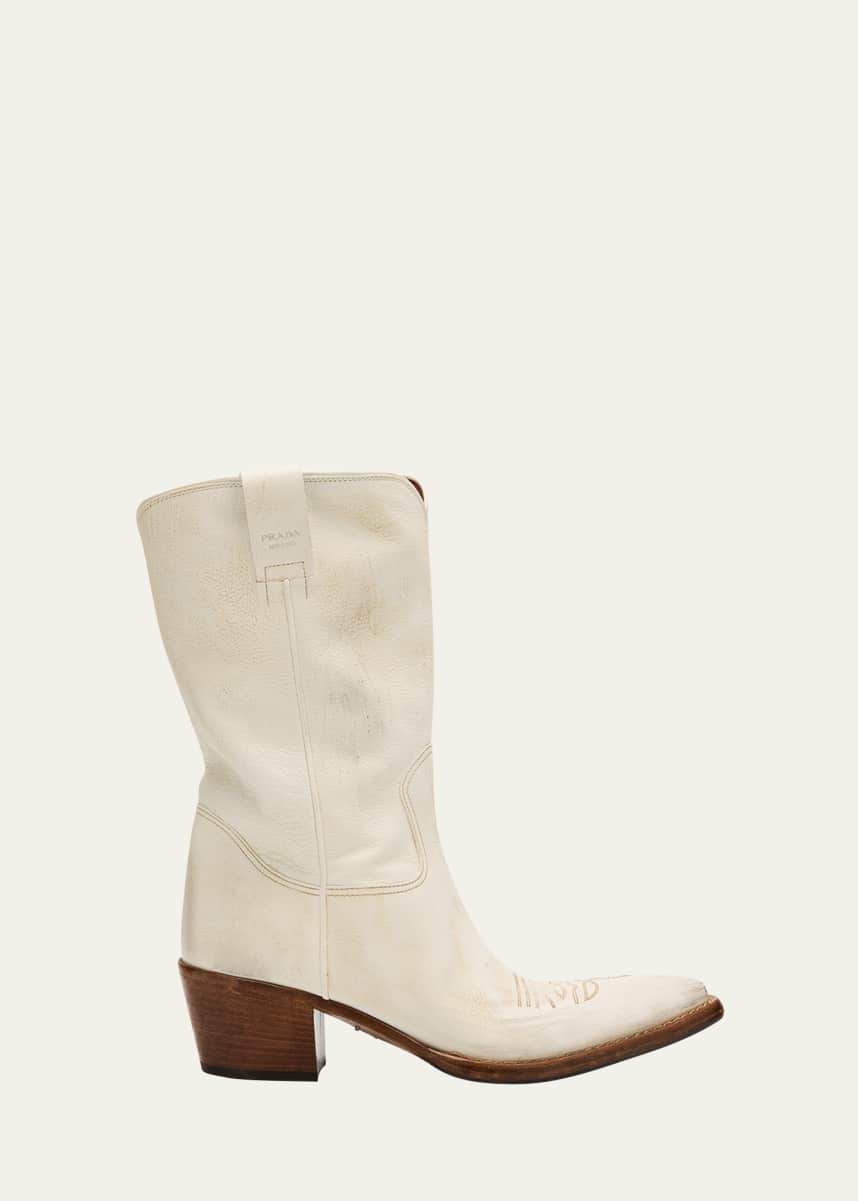 Prada Distressed Calfskin Short Cowboy Boots