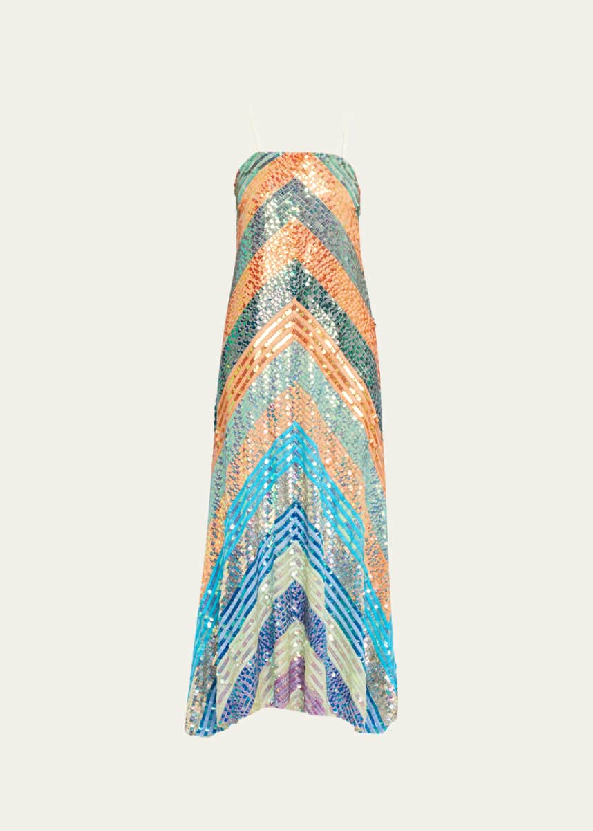 CHRISTOPHER JOHN ROGERS Chevron Sequined Bias Strapless Maxi Dress