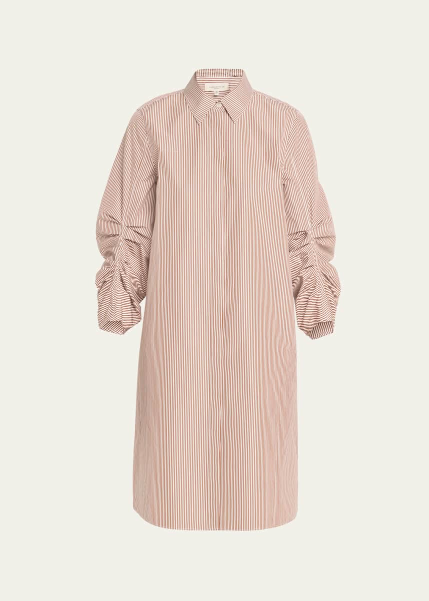 Lafayette 148 New York Striped Pleated-Sleeve Midi Shirtdress