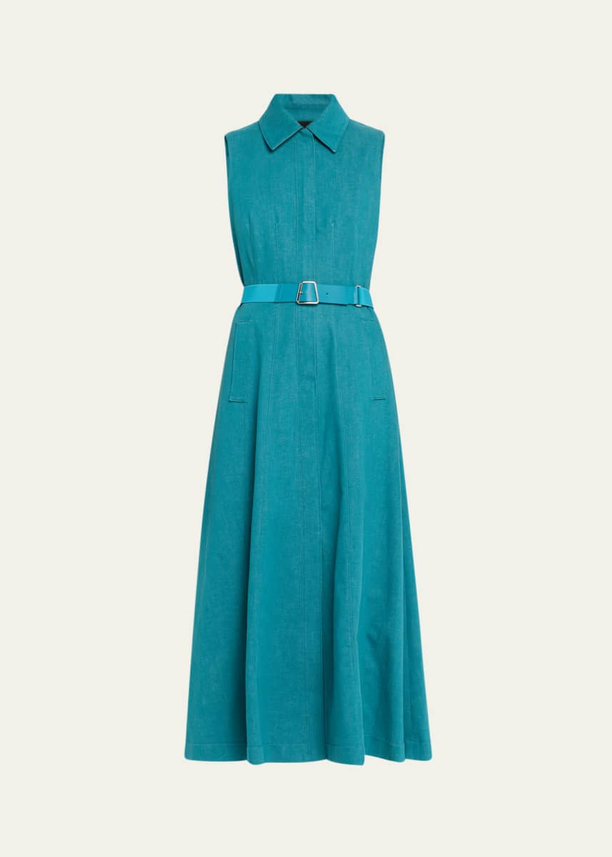 Akris Sleeveless Belted Denim Midi Shirtdress