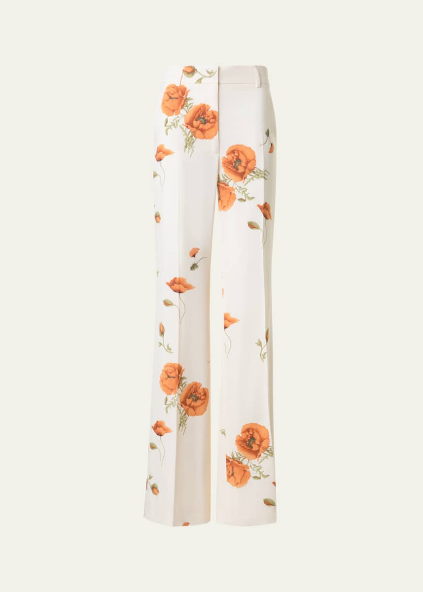 Akris Florine Anemone Print Wide Leg Silk Crepe Pants