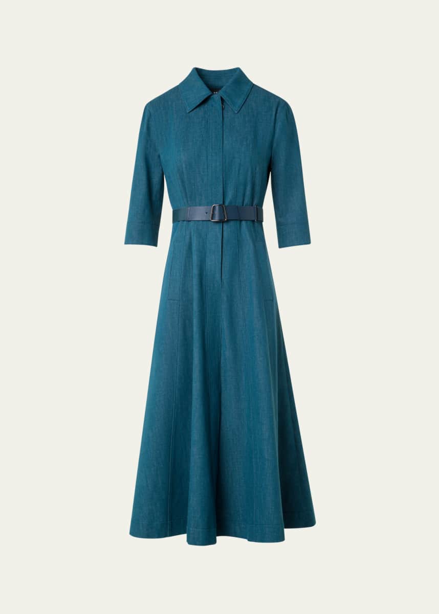 Akris Belted Cotton Denim Stretch Midi Dress