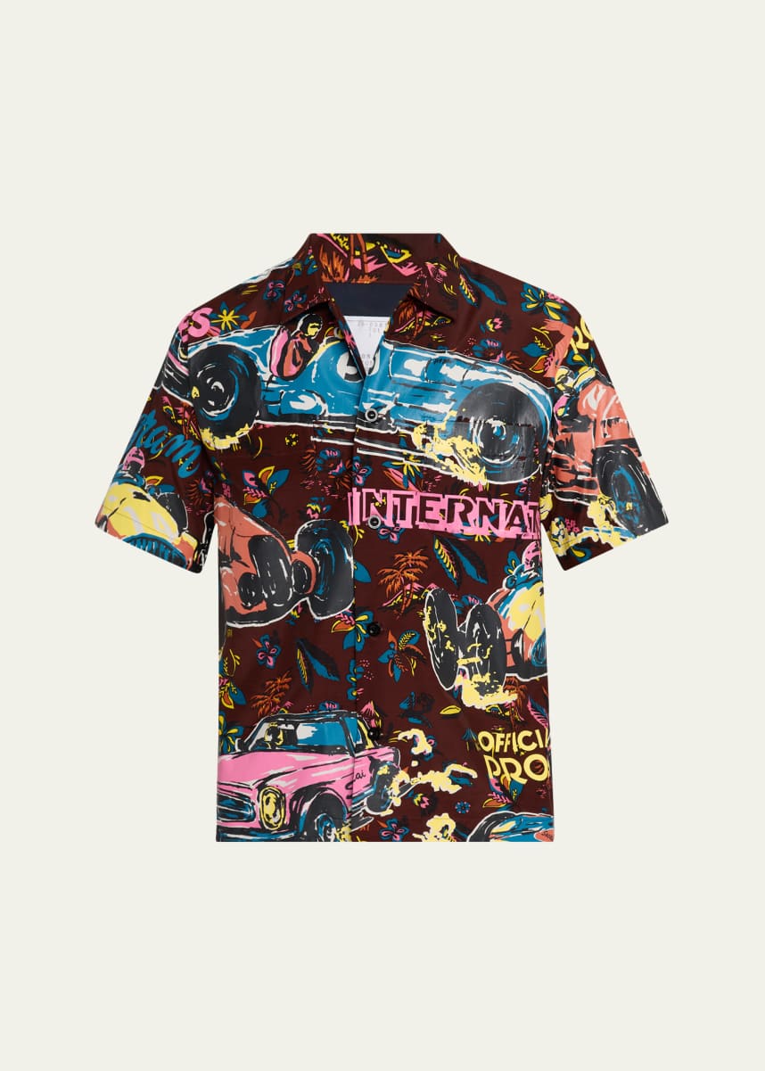SACAI Men's Coated Car Race-Print Camp Shirt