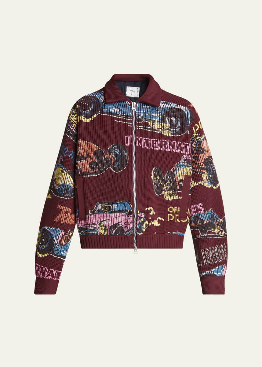 SACAI Men's Ribbed Car Race-Print Blouson Jacket