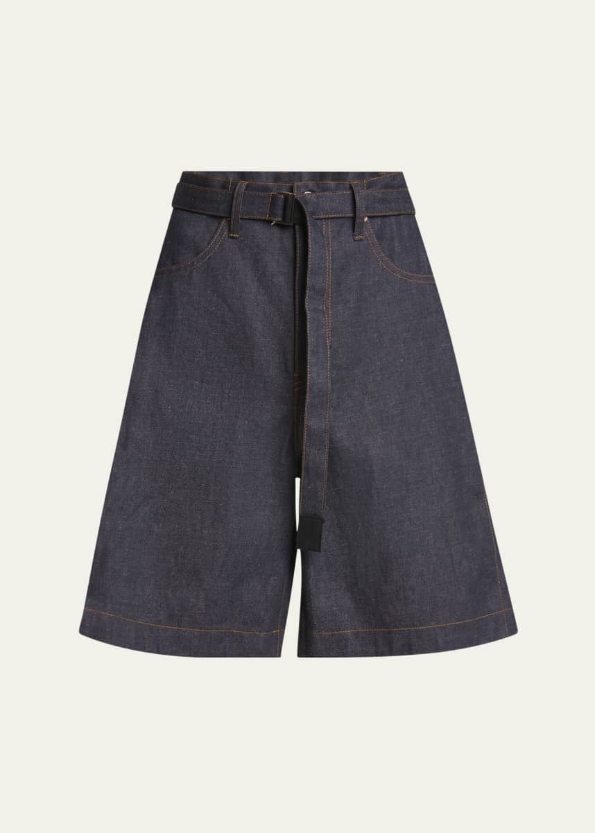 SACAI Men's Wide-Leg Raw Denim Shorts