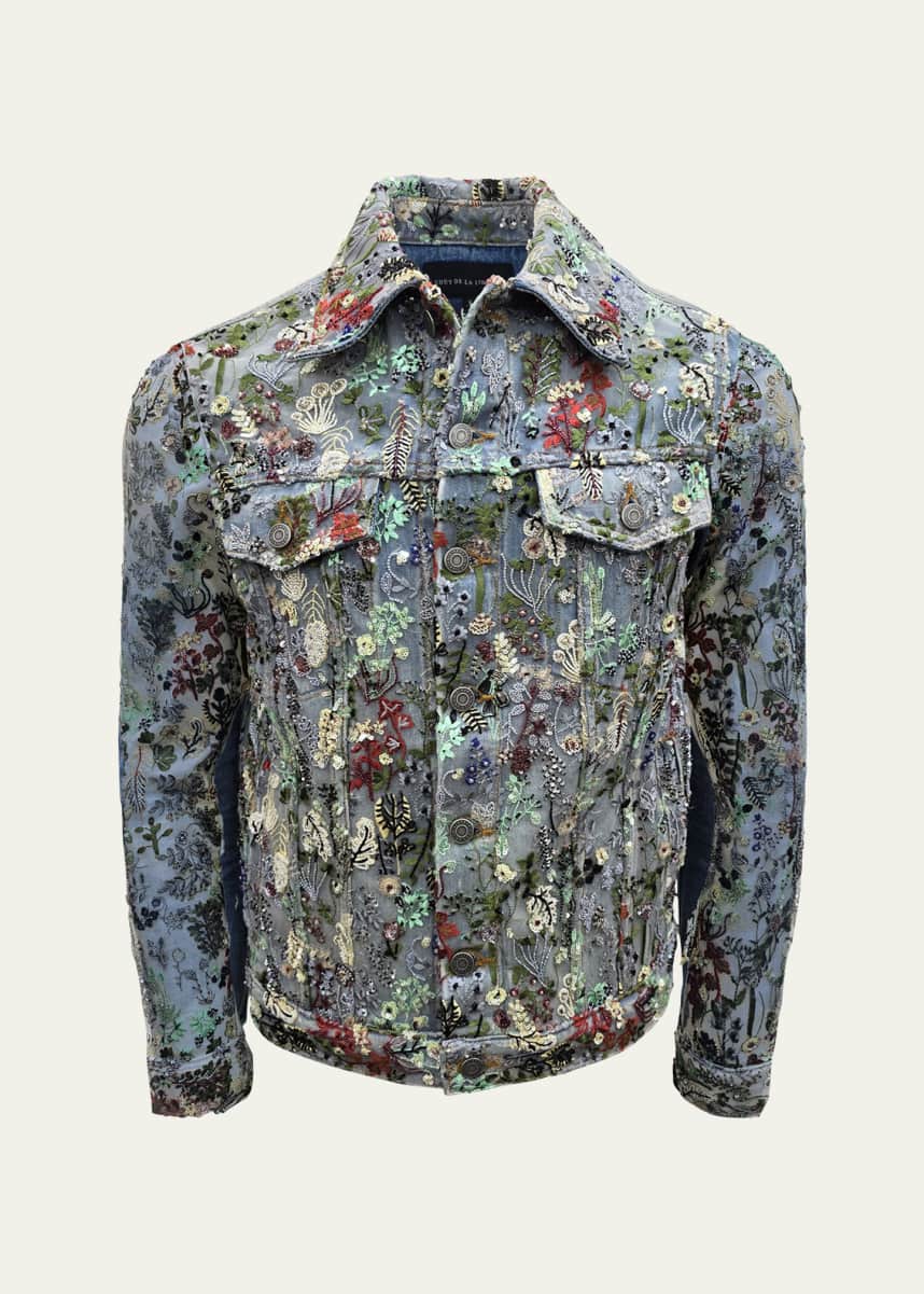 Cout De La Liberte Men's Floral Sequin Denim Trucker Jacket