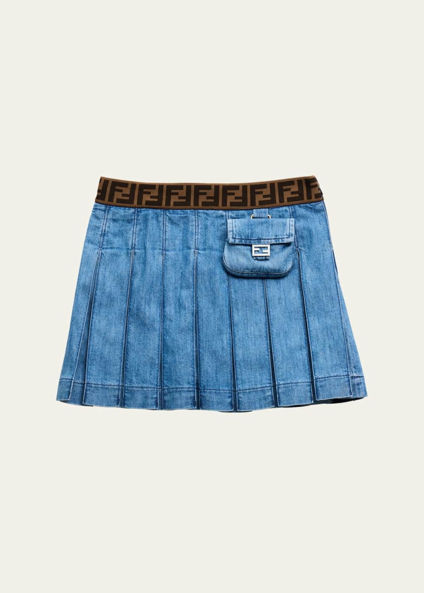 Fendi Girl's Pleated Monogram Denim Skirt, Size 8-12