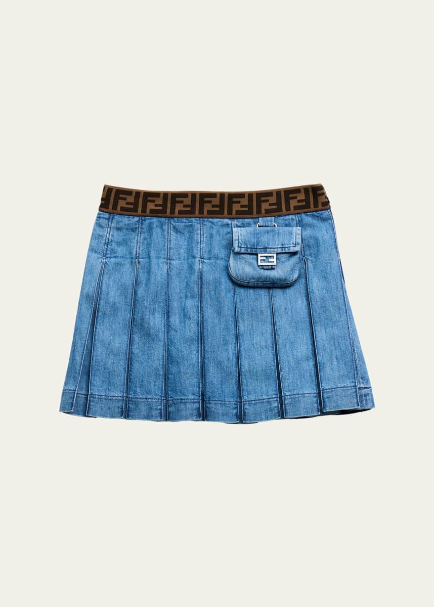 Fendi Girl's Pleated Monogram Denim Skirt, Size 3-6