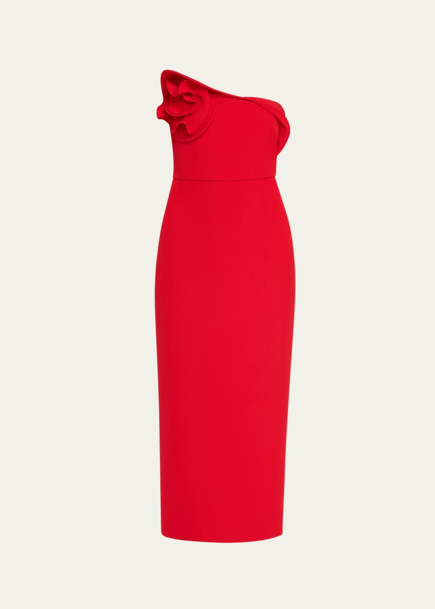 Roland Mouret Strapless Flower Drape Crepe Midi Dress