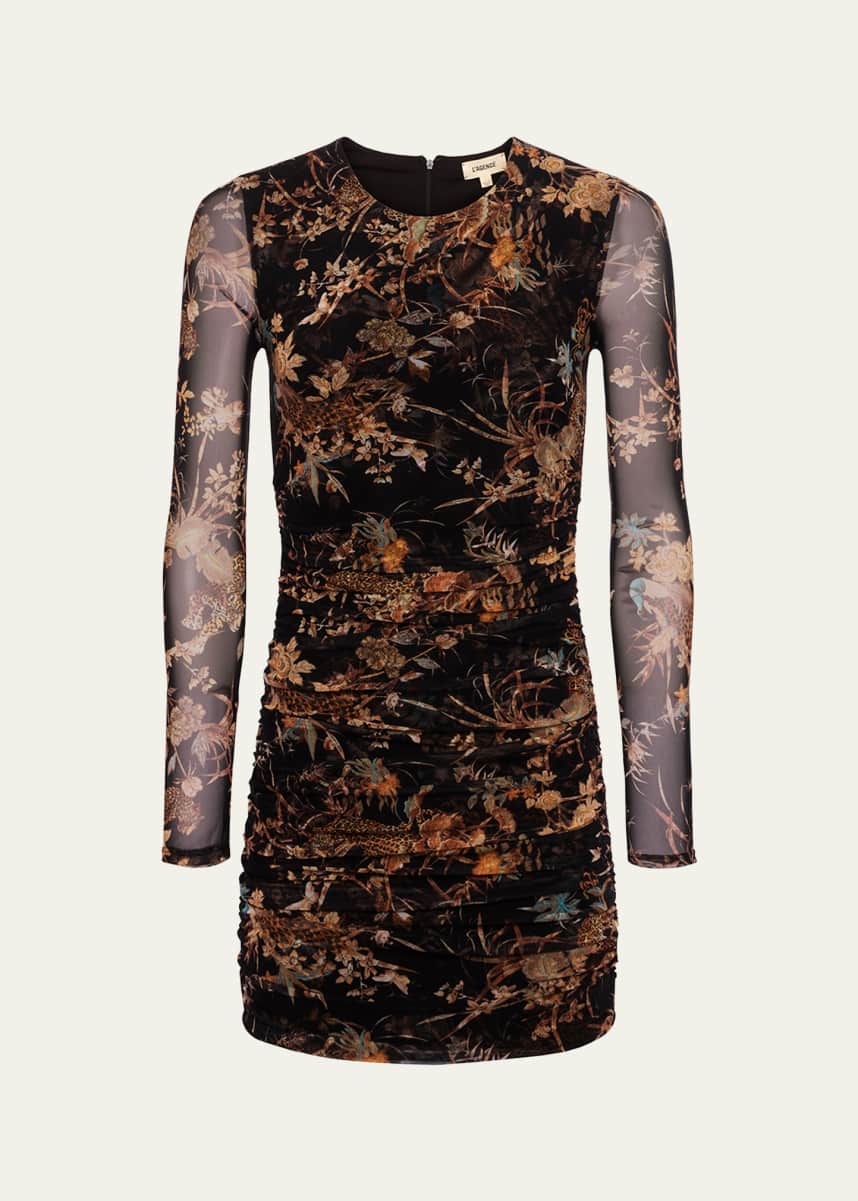 L'Agence Tapestry Jungle Sunny Ruched Mesh Mini Dress