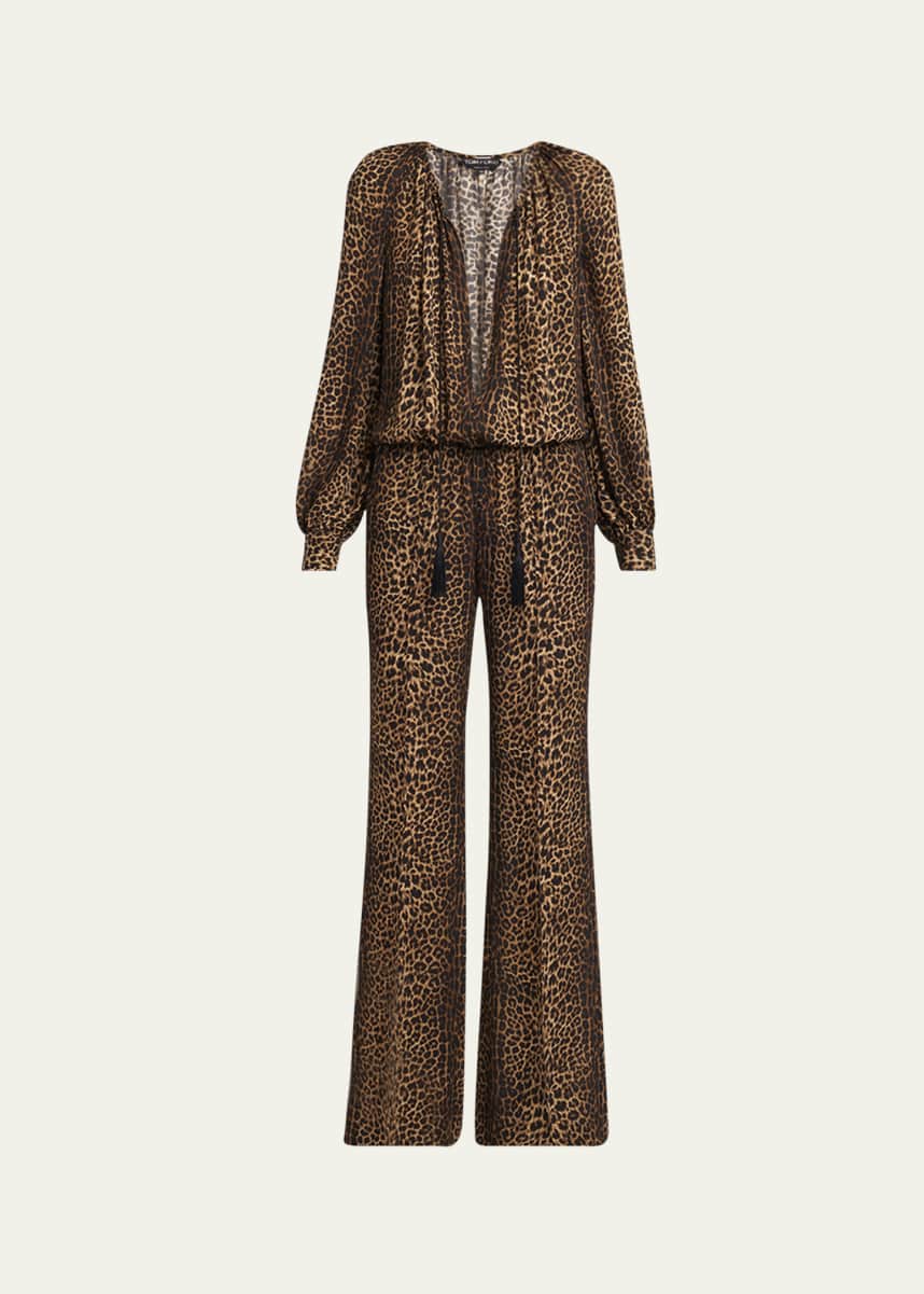 TOM FORD Gathered Deep V-Neck Leopard Print Silk Jumpsuit