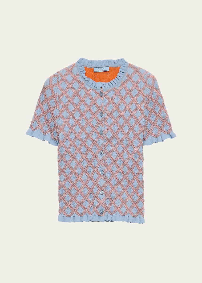 Prada Smocked Knit Diamond-Embroidered Top
