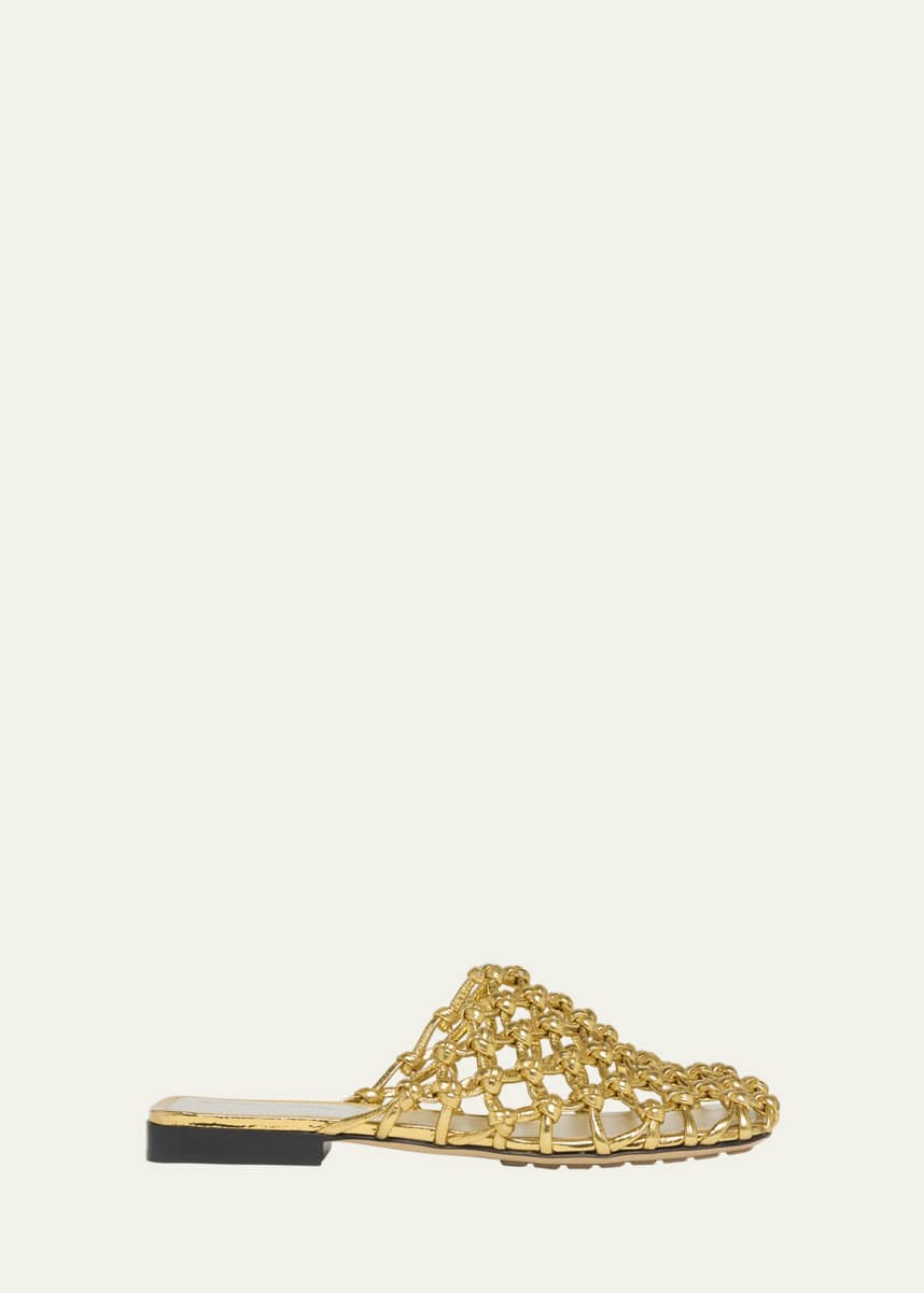 Bottega Veneta Metallic Leather Knot Net Mule Flats