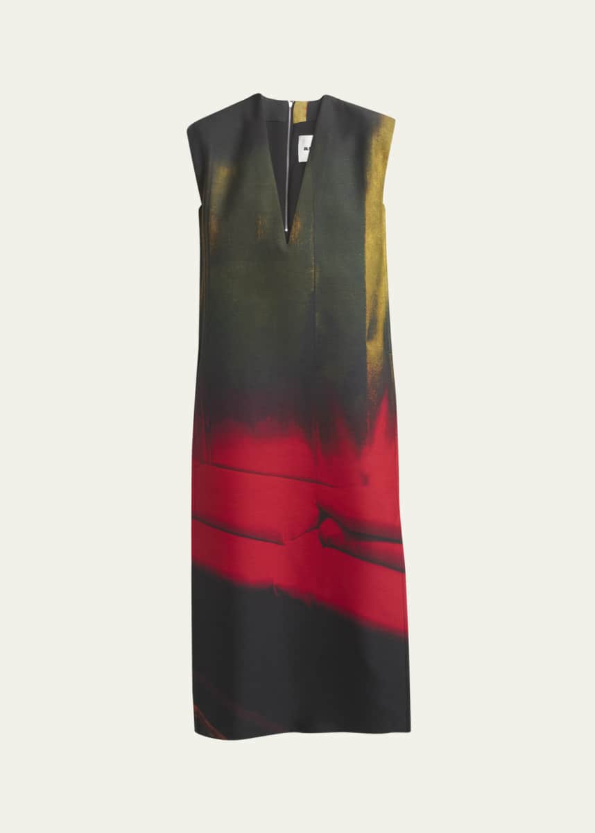 Jil Sander Abstract Deep V-Neck Sleeveless Midi Wool Dress
